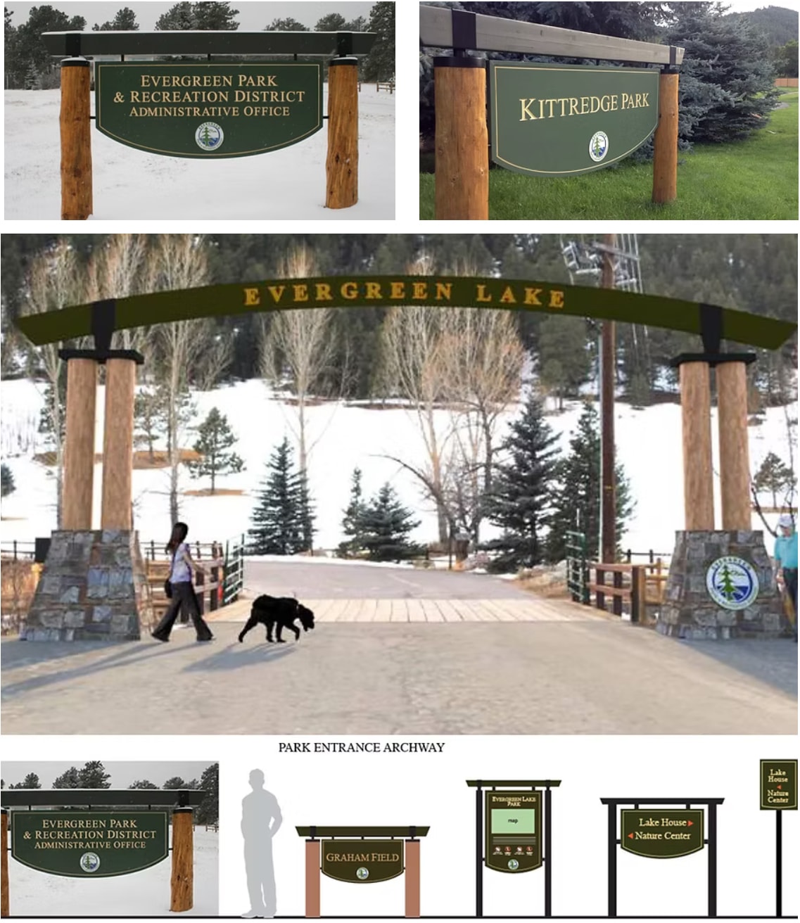 Evergreen Park & Recreation District signage — entry signs, park archway, and wayfinding